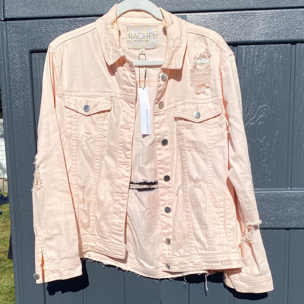 RACHEL Rachel Roy Blush Pink Distressed Oversized Jean Jacket S